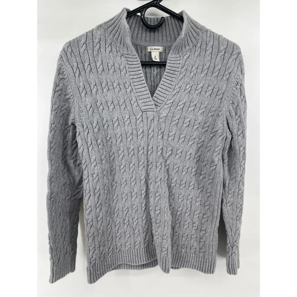 L.L. Bean Cable Knit Sweater Mens Medium Gray Excellent Split V-Neck Cotton
